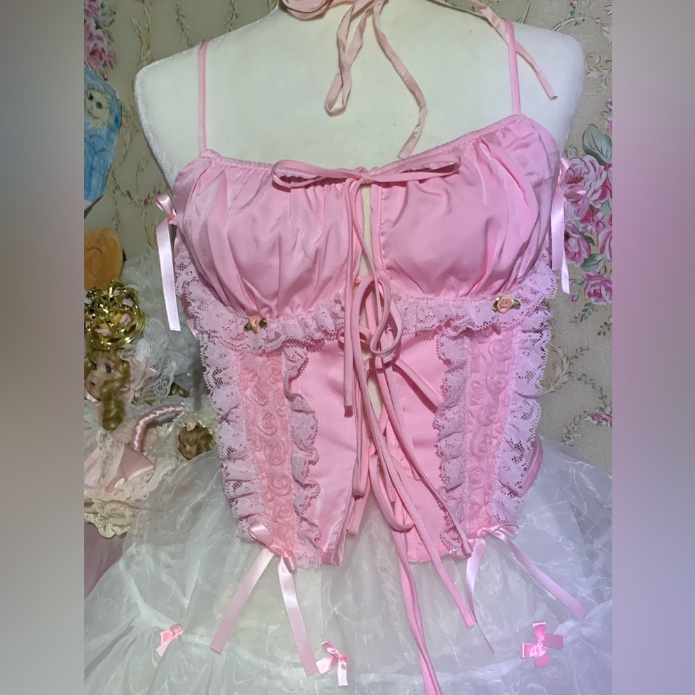 Bogo🎀 A Living Wonder, ooak corset like top ruffles darling pretty lace !